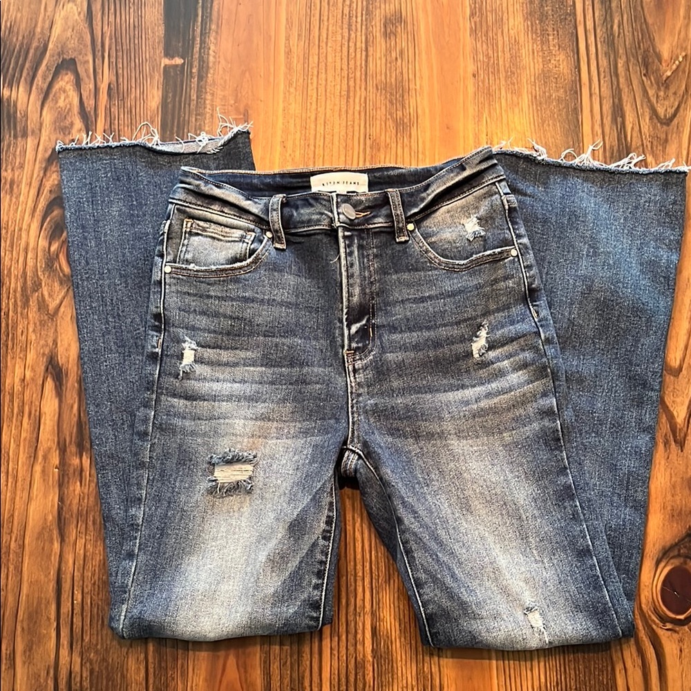 Blue Flare Wide Leg Jeans with Distressed Details